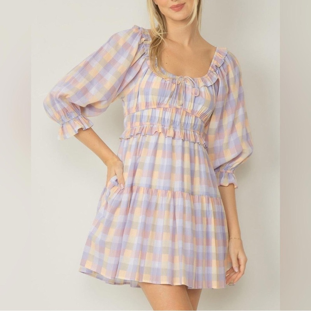 Entro Mixed Gingham Bubble Sleeve Dress Barbiecore Girlhoodcore Twee